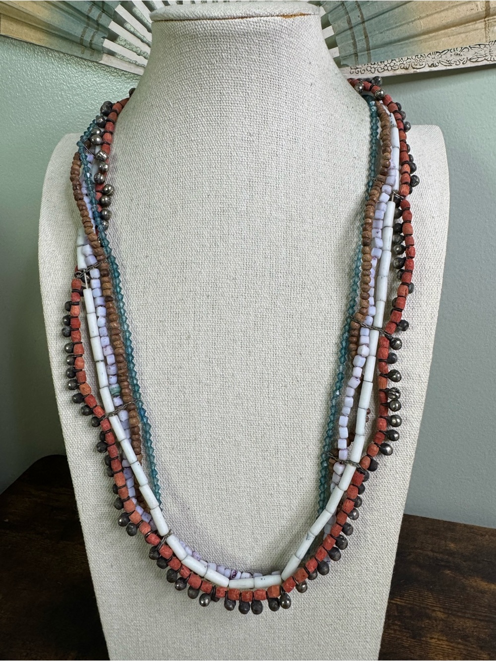 Hand Crafted Layered Beaded Necklace — White, Brown & Teal Artisanal Boho Chic